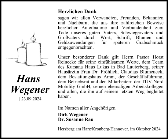 Traueranzeige von Hans Wegener von Harz Kurier