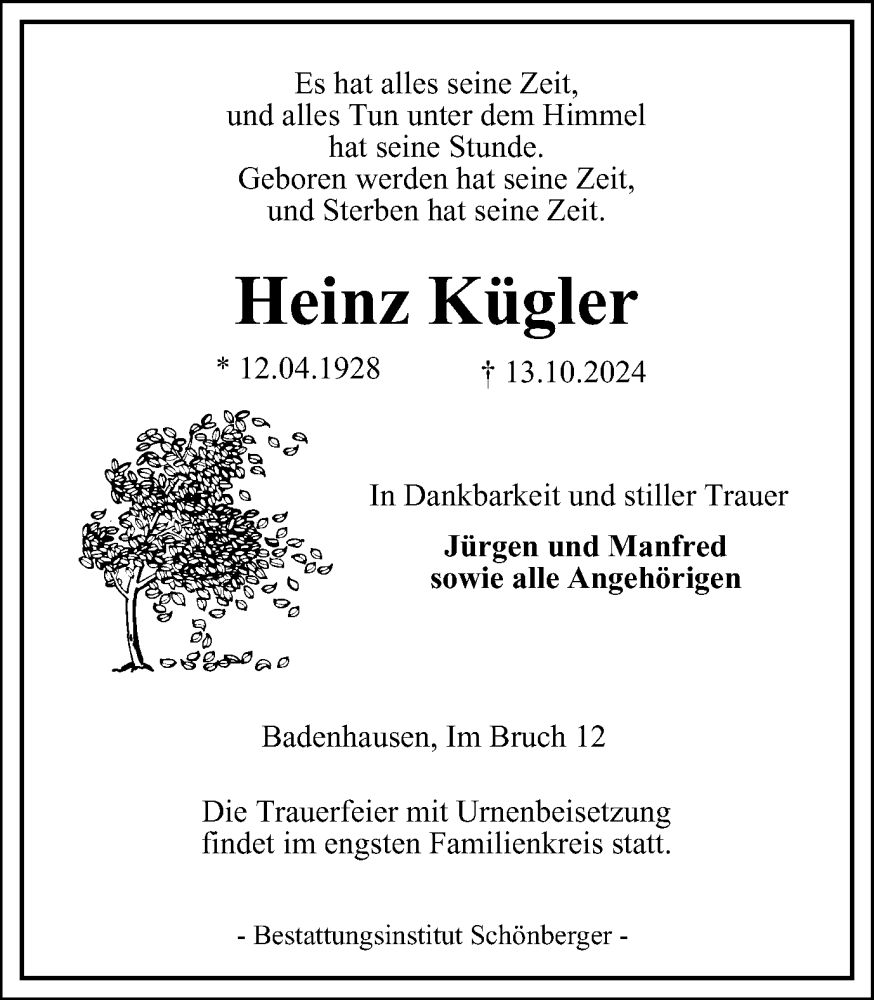  Traueranzeige für Heinz Kügler vom 19.10.2024 aus Harz Kurier