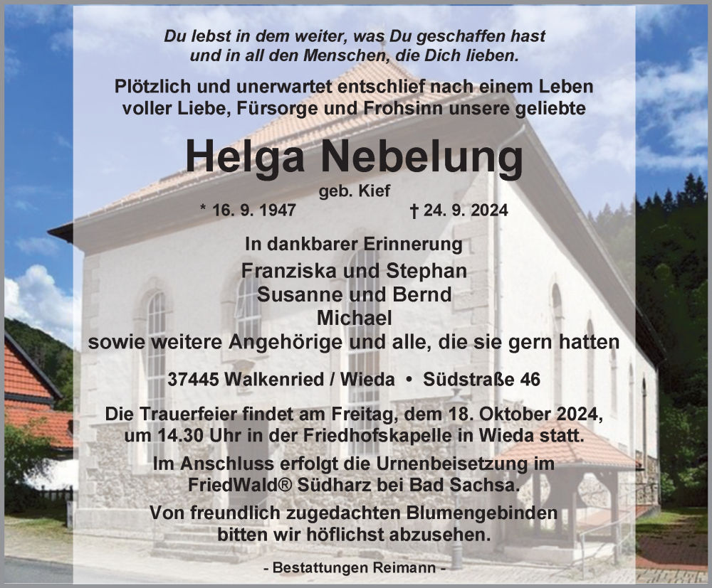  Traueranzeige für Helga Nebelung vom 05.10.2024 aus Harz Kurier