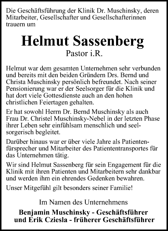 Traueranzeige von Helmut Sassenberg von Harz Kurier