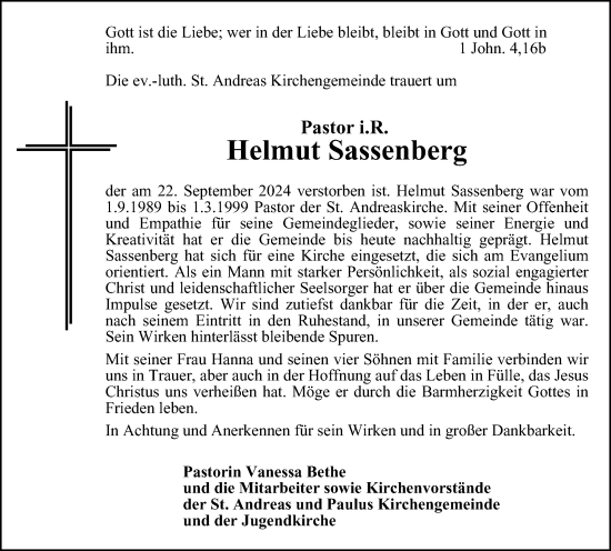 Traueranzeige von Helmut Sassenberg von Harz Kurier