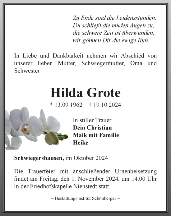 Traueranzeige von Hilda Grote von Harz Kurier