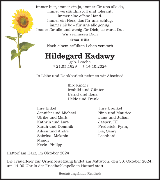 Traueranzeige von Hildegard Kadawy von Harz Kurier