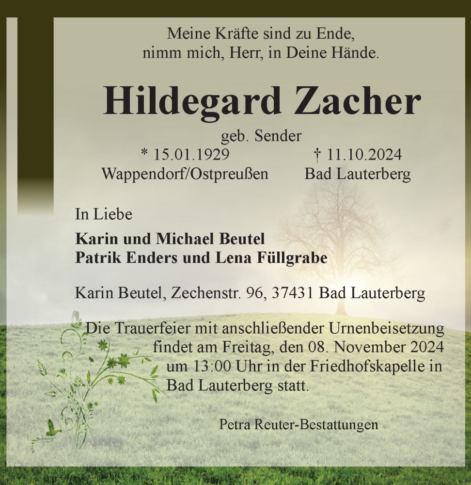  Traueranzeige für Hildegard Zacher vom 19.10.2024 aus Harz Kurier