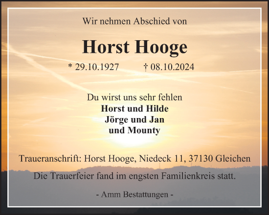 Traueranzeige von Horst Hooge von Harz Kurier
