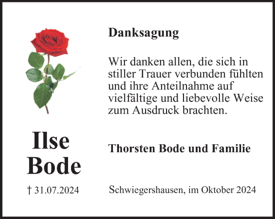 Traueranzeige von Ilse Bode von Harz Kurier
