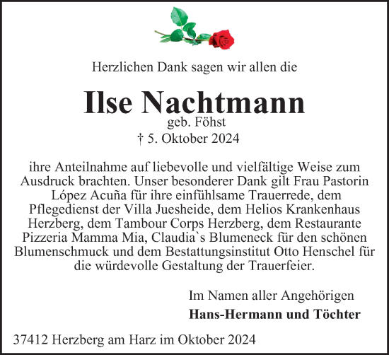 Traueranzeige von Ilse Nachtmann von Harz Kurier