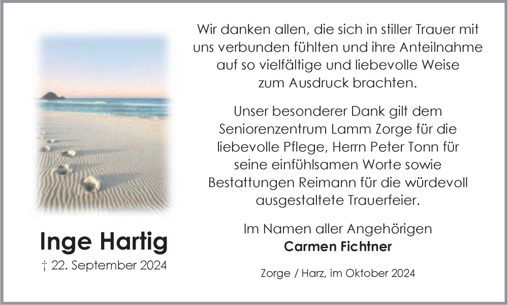  Traueranzeige für Inge Hartig vom 19.10.2024 aus Harz Kurier