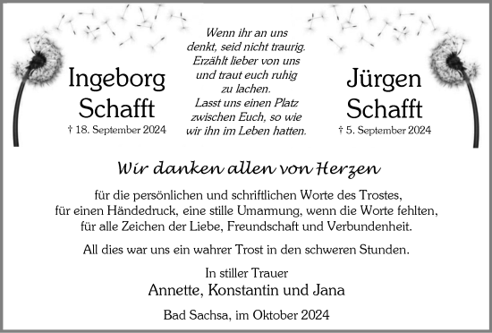 Traueranzeige von Ingeborg und Jürgen Schafft von Harz Kurier