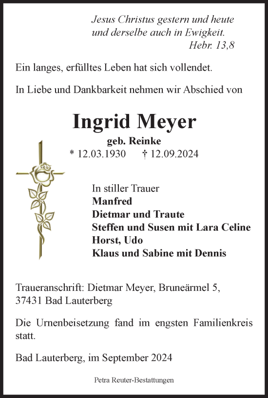 Traueranzeige von Ingrid Meyer von Harz Kurier