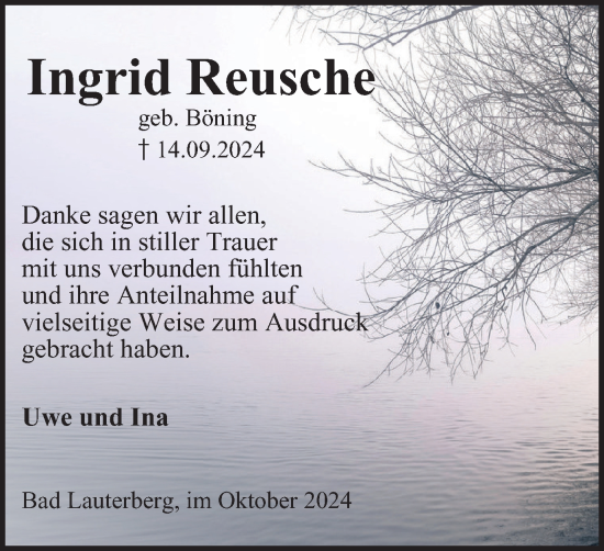 Traueranzeige von Ingrid Reusche von Harz Kurier