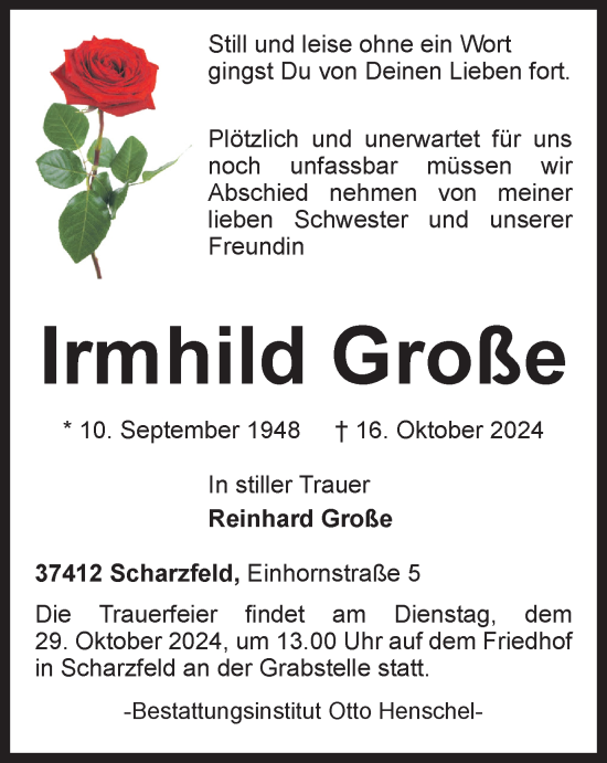 Traueranzeige von Irmhild Große von Harz Kurier