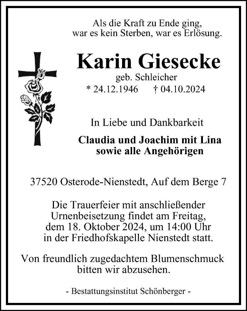  Traueranzeige für Karin Giesecke vom 12.10.2024 aus Harz Kurier