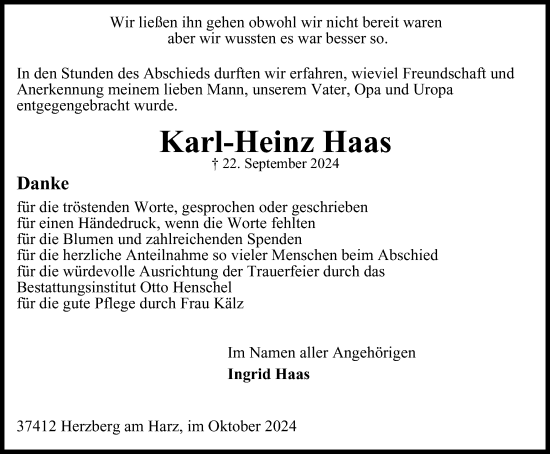 Traueranzeige von Karl-Heinz Haas von Harz Kurier