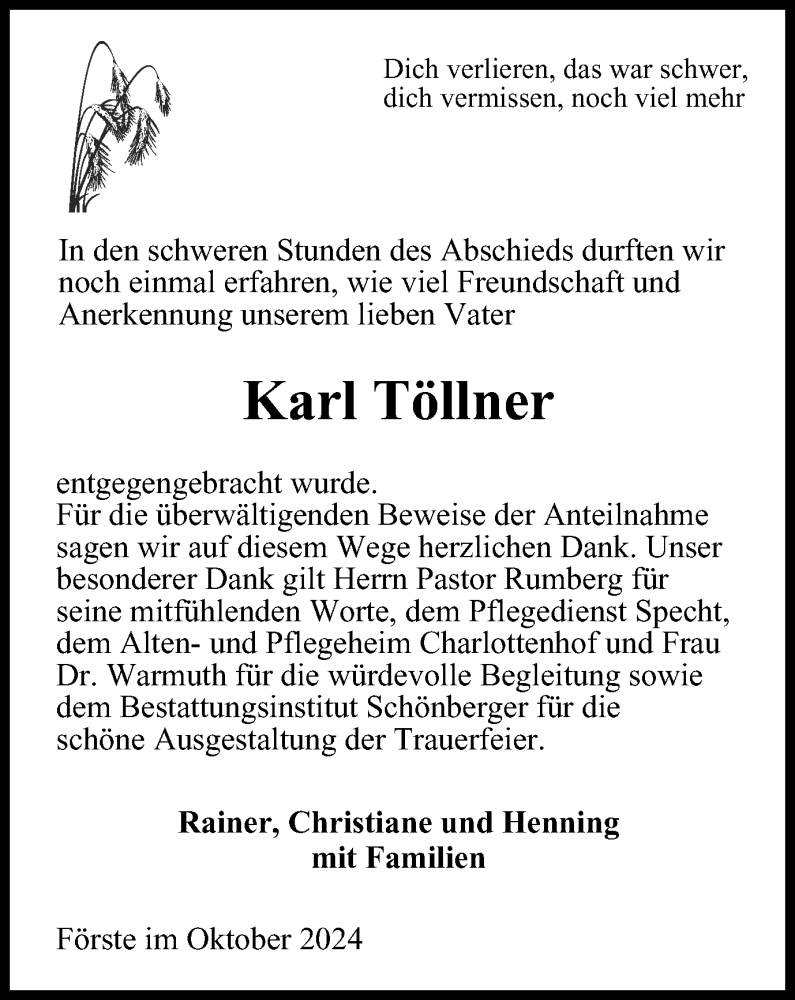  Traueranzeige für Karl Töllner vom 19.10.2024 aus Harz Kurier
