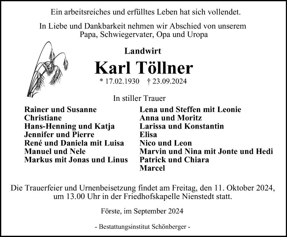  Traueranzeige für Karl Töllner vom 05.10.2024 aus Harz Kurier