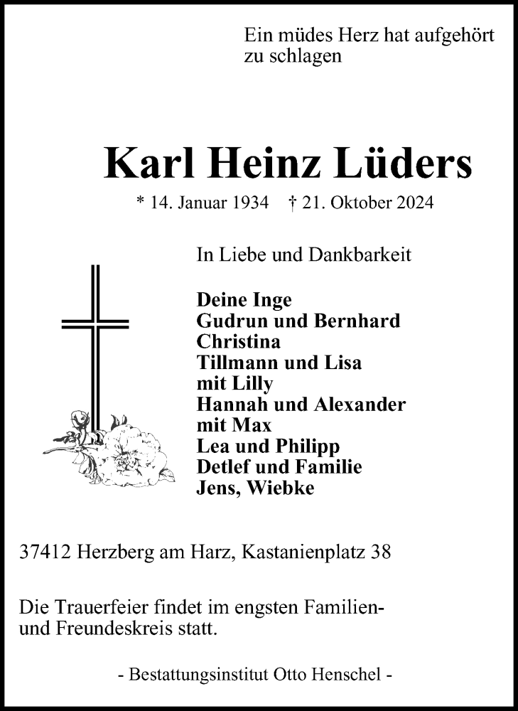  Traueranzeige für Karl Heinz Lüders vom 26.10.2024 aus Harz Kurier