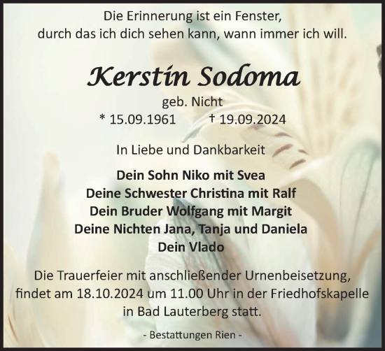 Traueranzeige von Kerstin Sodoma von Harz Kurier