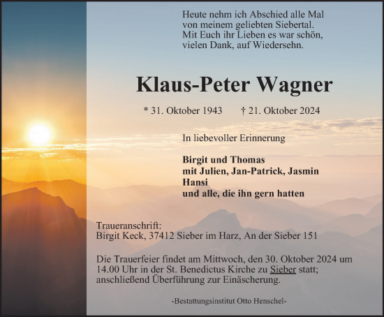 Traueranzeige von Klaus-Peter Wagner von Harz Kurier