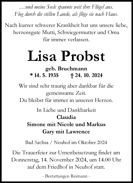 Traueranzeige von Lisa Probst von Harz Kurier