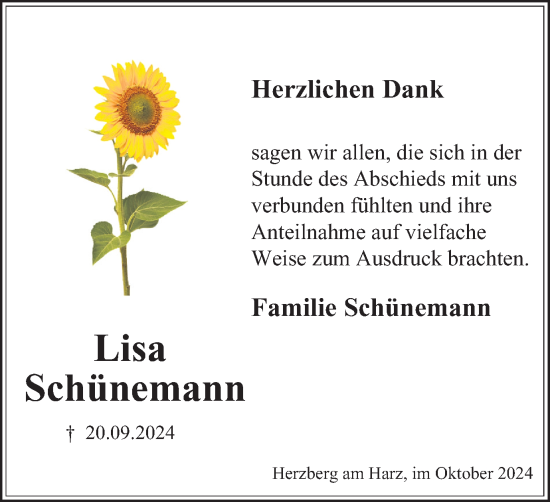 Traueranzeige von Lisa Schünemann von Harz Kurier