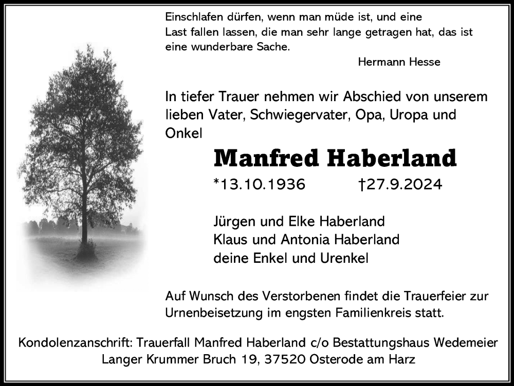  Traueranzeige für Manfred Haberland vom 12.10.2024 aus Harz Kurier