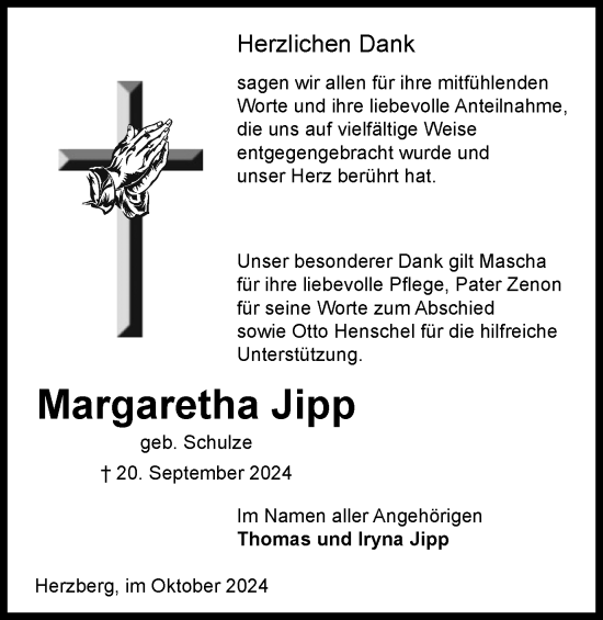 Traueranzeige von Margaretha Jipp von Harz Kurier