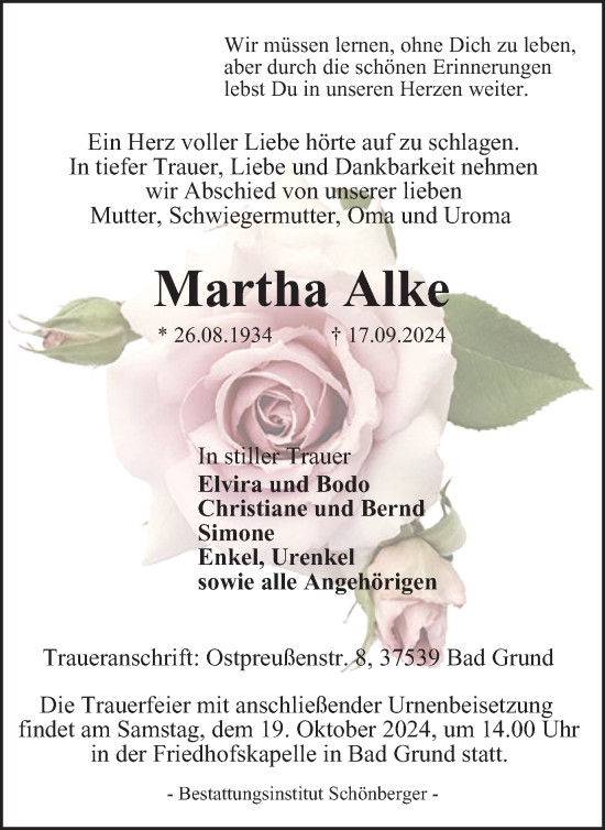 Traueranzeige von Martha Alke von Harz Kurier