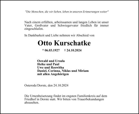Traueranzeige von Otto Kurschatke von Harz Kurier