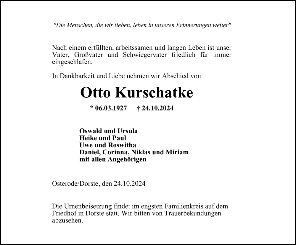  Traueranzeige für Otto Kurschatke vom 26.10.2024 aus Harz Kurier