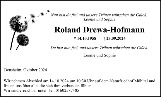 Traueranzeige von Roland Drewa-Hofmann von Harz Kurier
