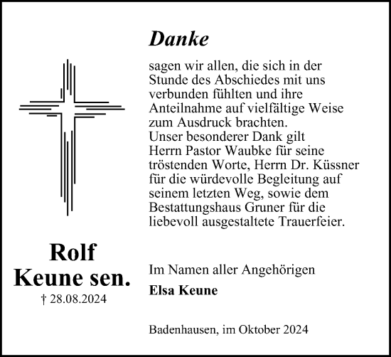 Traueranzeige von Rolf Keune von Harz Kurier