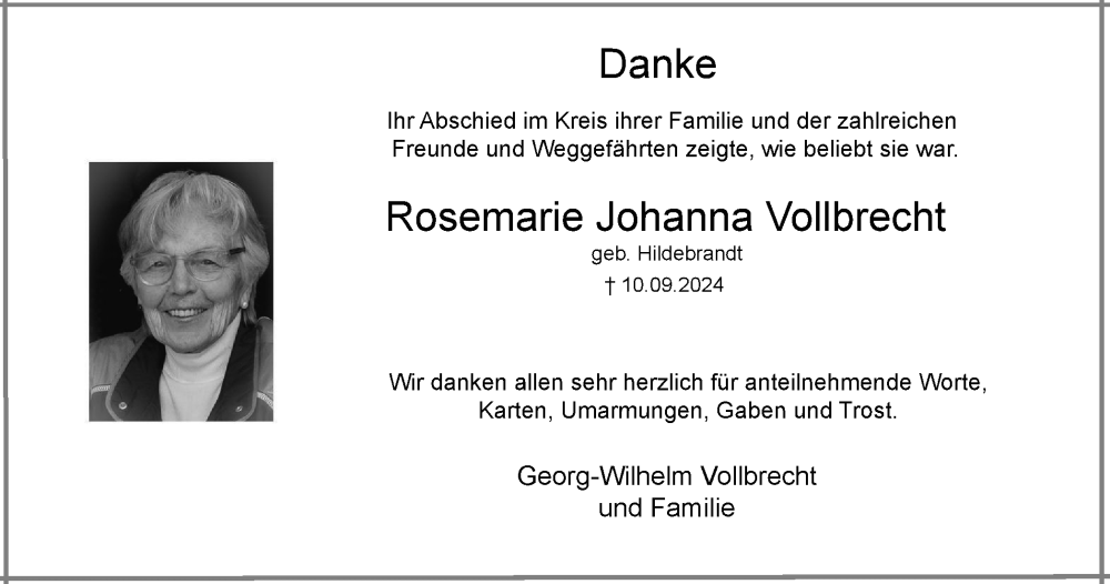  Traueranzeige für Rosemarie Johanna Vollbrecht vom 12.10.2024 aus Harz Kurier