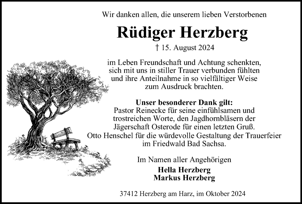  Traueranzeige für Rüdiger Herzberg vom 05.10.2024 aus Harz Kurier