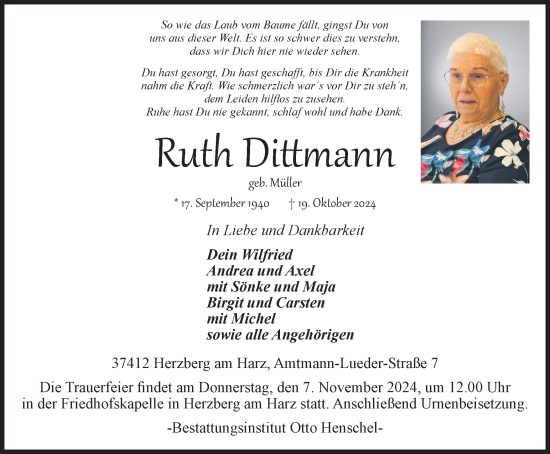 Traueranzeige von Ruth Dittmann von Harz Kurier