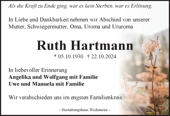 Traueranzeige von Ruth Hartmann von Harz Kurier