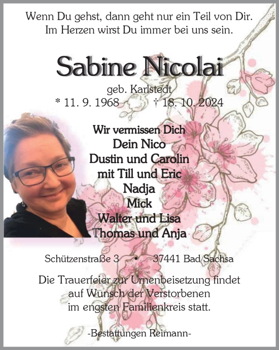 Traueranzeige von Sabine Nicolaf von Harz Kurier