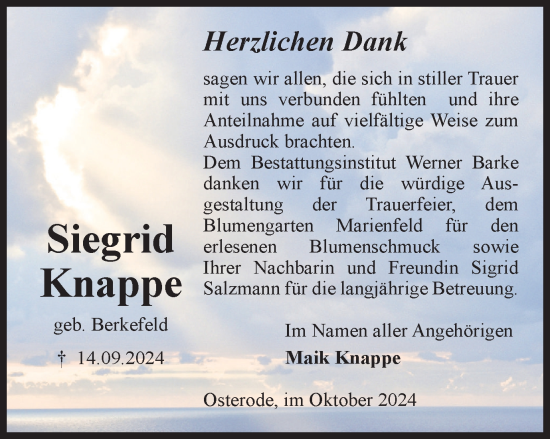 Traueranzeige von Siegrid Knappe von Harz Kurier