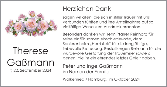 Traueranzeige von Therese Gaßmann von Harz Kurier