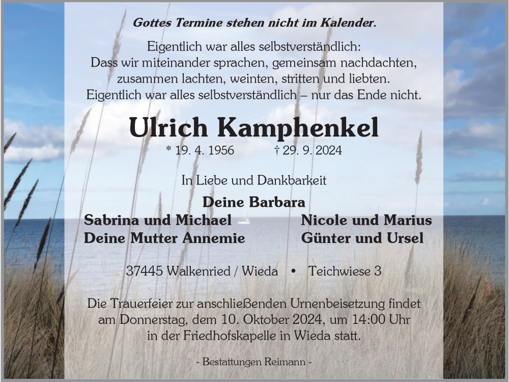 Traueranzeige für Ulrich Kamphenkel vom 05.10.2024 aus Harz Kurier