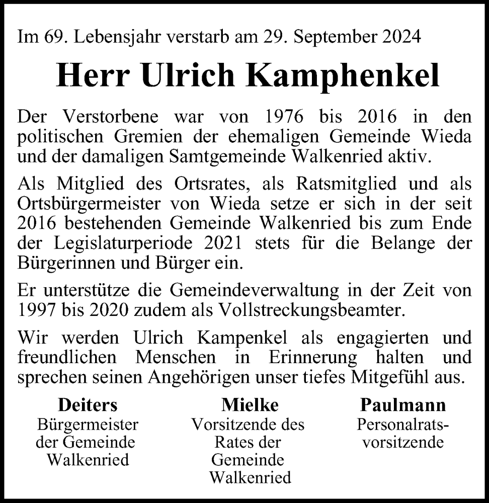  Traueranzeige für Ulrich Kamphenkel vom 12.10.2024 aus Harz Kurier