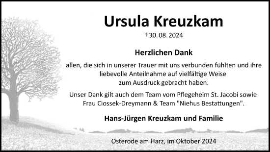Traueranzeige von Ursula Kreuzkam von Harz Kurier