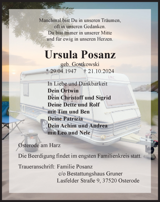 Traueranzeige von Ursula Posanz von Harz Kurier