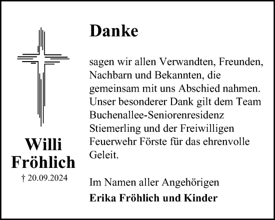 Traueranzeige von Willi Fröhlich von Harz Kurier