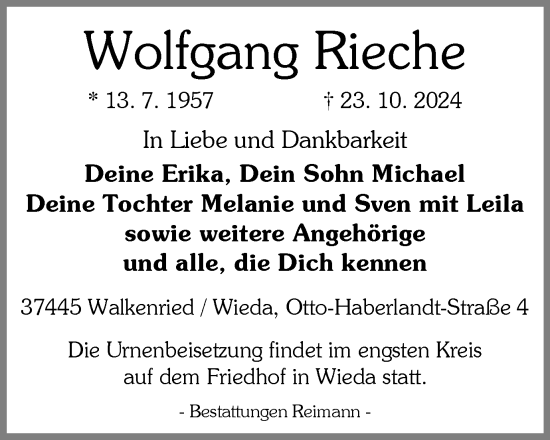 Traueranzeige von Wolfgang Rieche von Harz Kurier