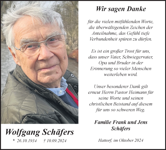 Traueranzeige von Wolfgang Schäfers von Harz Kurier