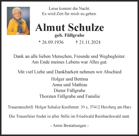 Traueranzeige von Almut Schulze von Harz Kurier