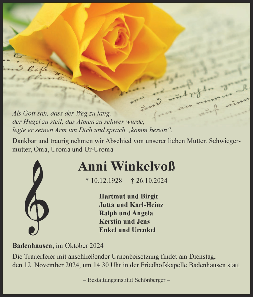  Traueranzeige für Anni Winkelvoß vom 02.11.2024 aus Harz Kurier