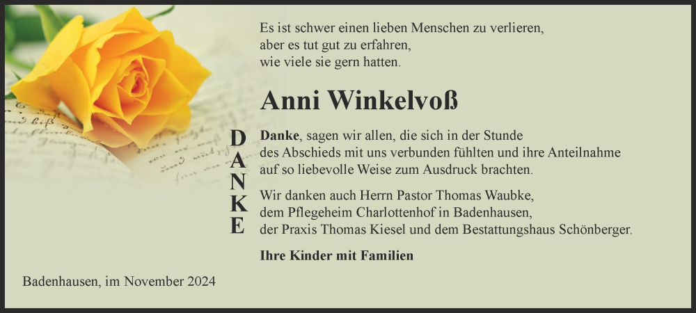  Traueranzeige für Anni Winkelvoß vom 16.11.2024 aus Harz Kurier