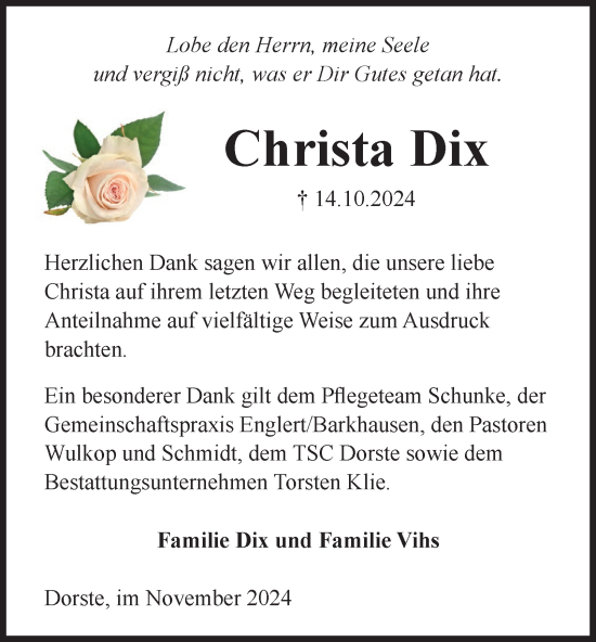 Traueranzeige von Christa Dix von Harz Kurier